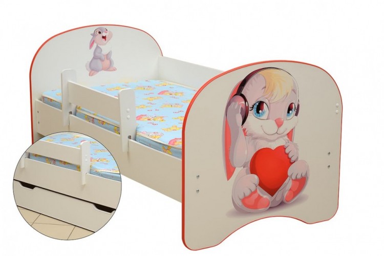 Кровать детская Зайчата, с фотопечатью с 1-м ящиком 700*1400 лдсп белый