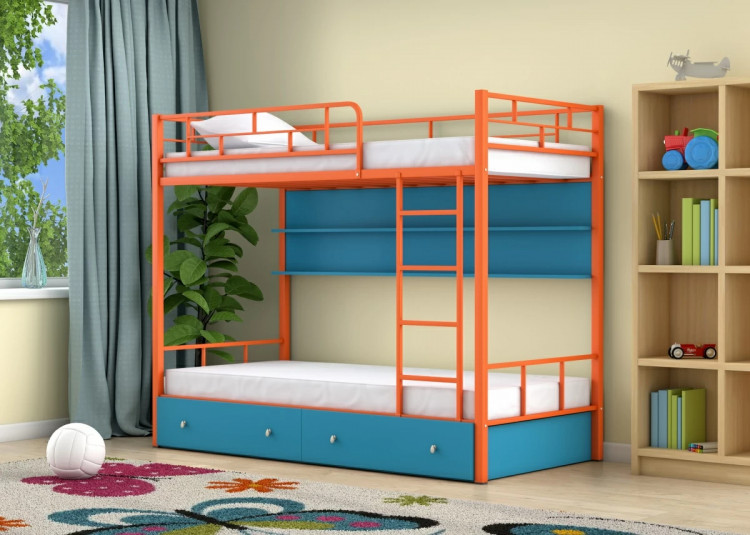 Двухъярусная кровать Ницца Оранжевый ящики полка Голубой