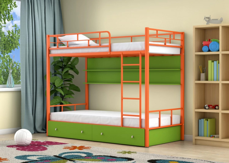 Двухъярусная кровать Ницца Оранжевый ящики полка Зеленый