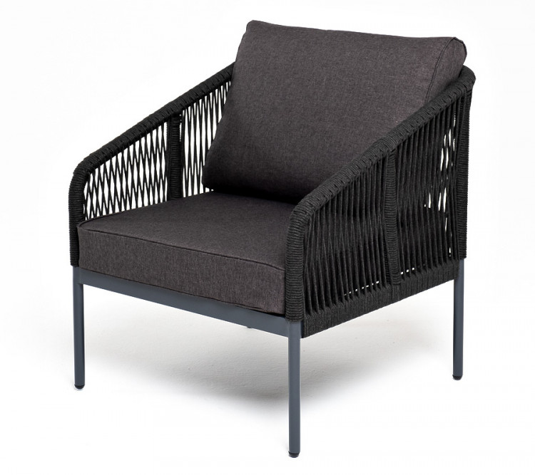 "Канны" кресло плетеное из роупа, каркас алюминий серый (RAL7022) муар, роуп серый круглый, ткань серая 017