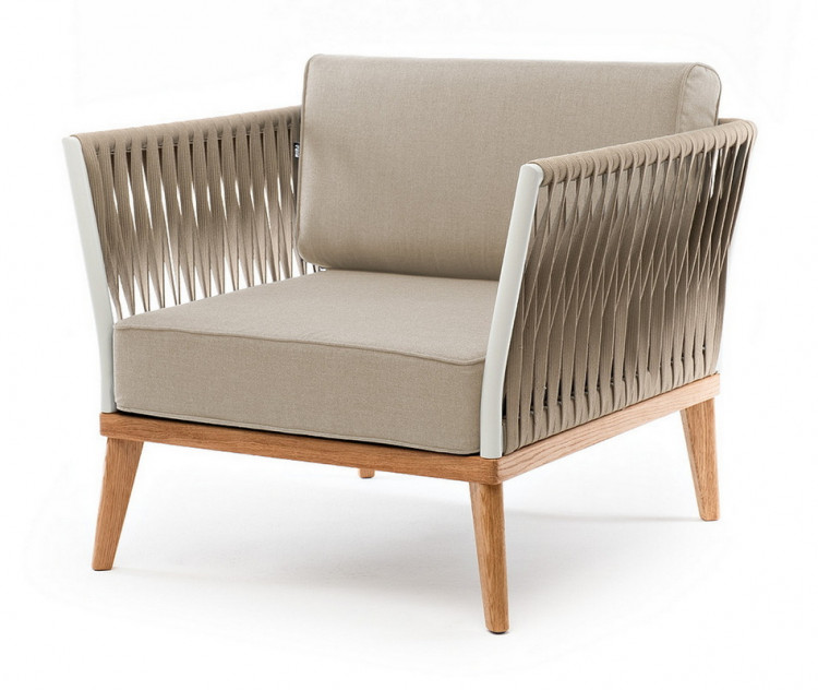 "Касабланка" кресло плетеное из роупа, основание дуб, роуп серо-коричневый 23мм, ткань серая