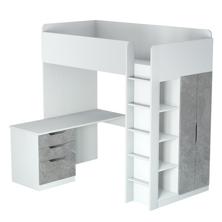 Кровать-чердак Polini kids Simple с письменным столом и шкафом, белый-бетон