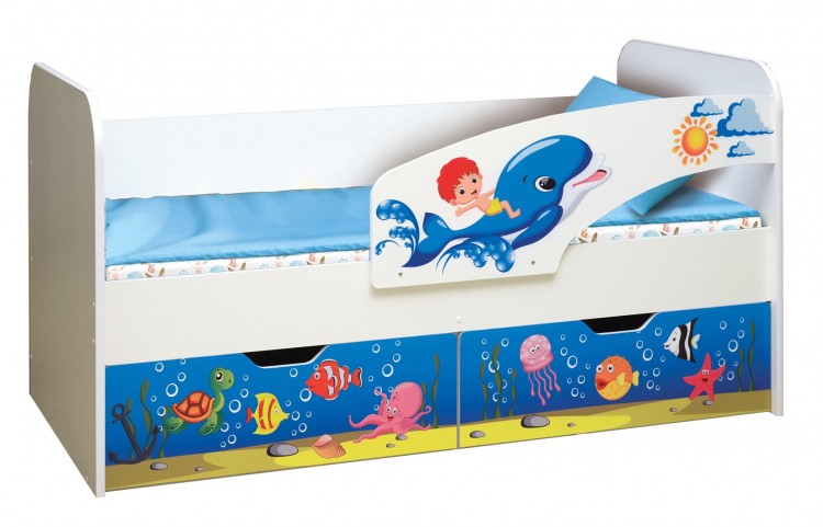 Кровать Дельфин, детская с фотопечатью 800х1600 лдсп белый (правая)