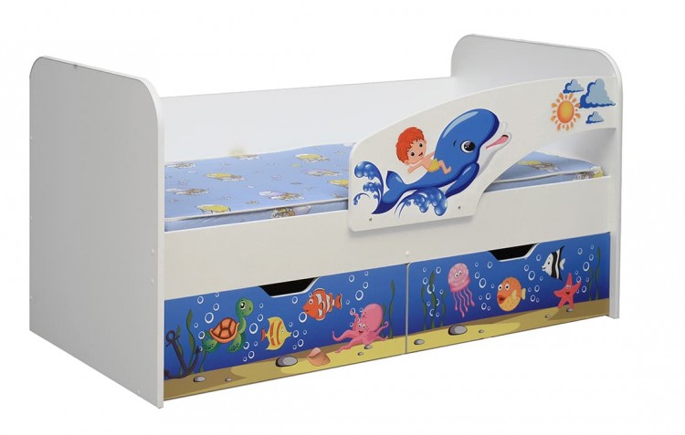 Кровать Дельфин, детская с фотопечатью 800х1700 лдсп белый (правая)