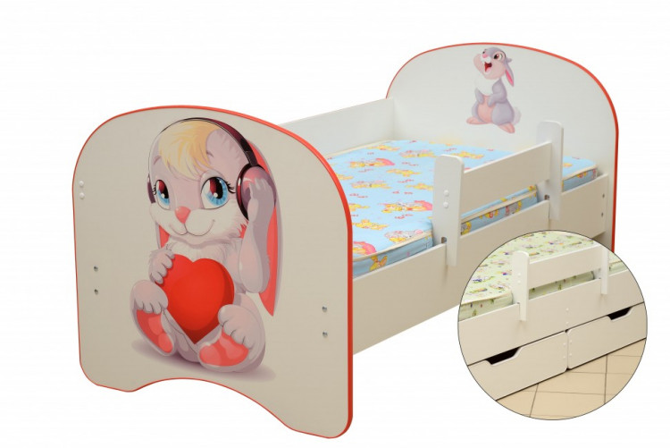 Кровать детская Зайчата, с фотопечатью с 2-мя ящиком 800*1900 лдсп ЛЕВАЯ белый