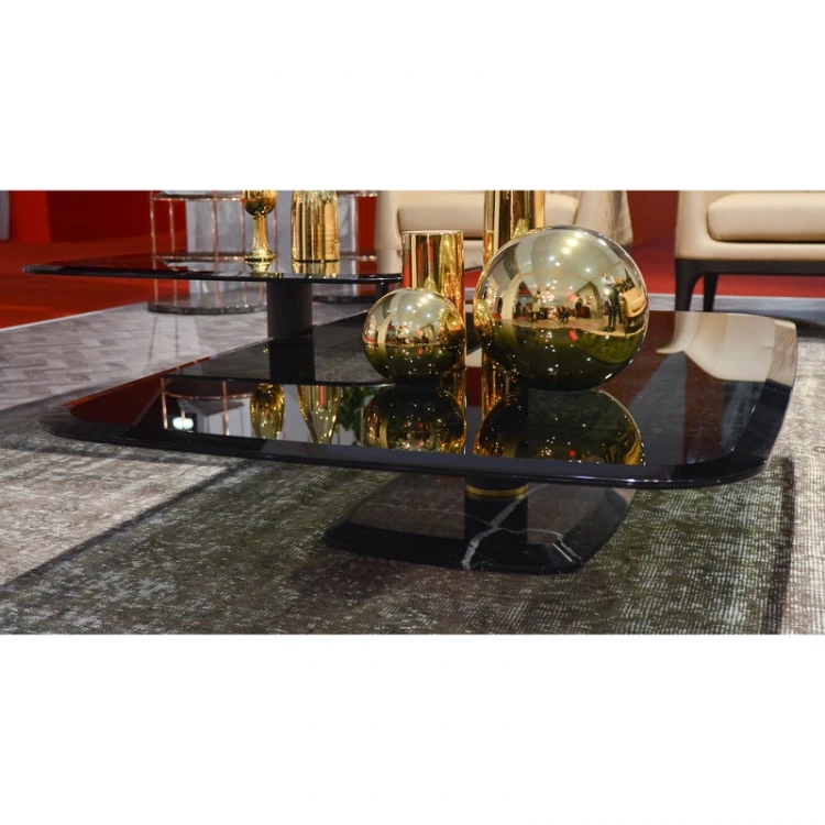Журнальный столик Botero отделка мрамор Glossy Port Saint Laurent, дымчатое стекло, серая сталь, золото TC.ET.MO.1735