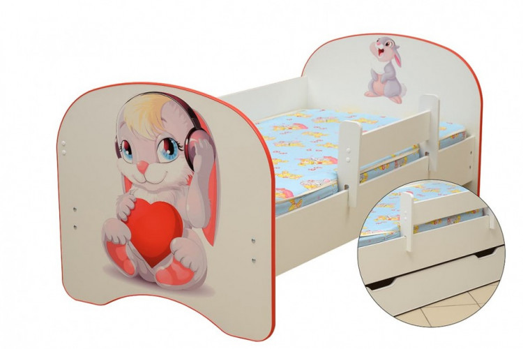 Кровать детская Зайчата, с фотопечатью с 1-м ящиком 800*1600 лдсп ЛЕВАЯ белый