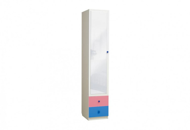 Шкаф Радуга, 1-но дверный с ящиками и зеркалом лдсп белый/ярко-розовый/синий