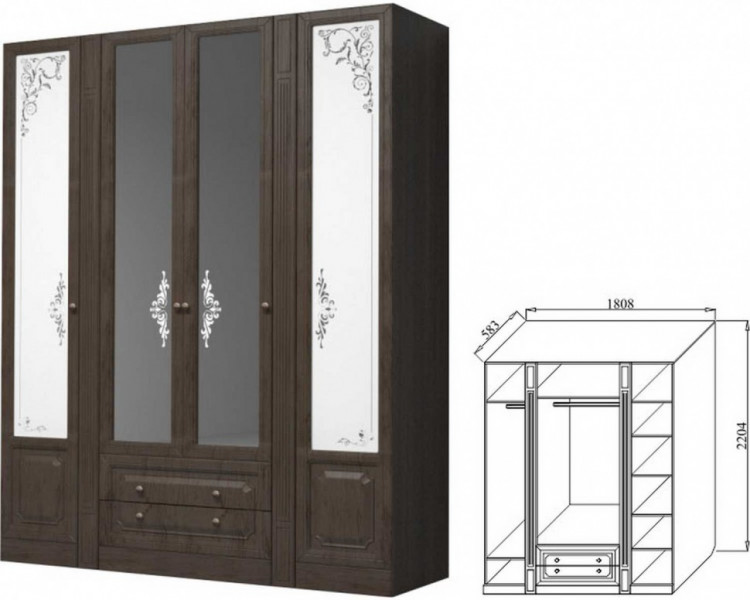 Шкаф 4-х дверный Ева-11, для платья и белья 1800 мм мдф мат Дуб фактурный горький шоколад\Венге