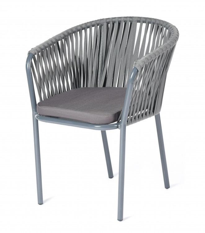 Плетеный стул "Бордо" из синтетических лент серого цвета, цвет подушки серый, цвет каркаса белый