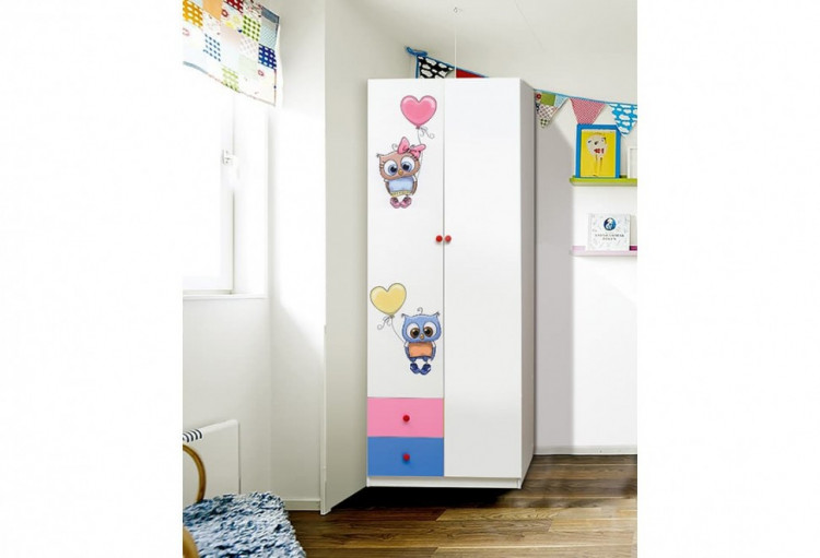 Шкаф Совята-2.2, 2-х дверный комбинированный с ящ. и фотопечатью лдсп белый/ярко-розовый/синий