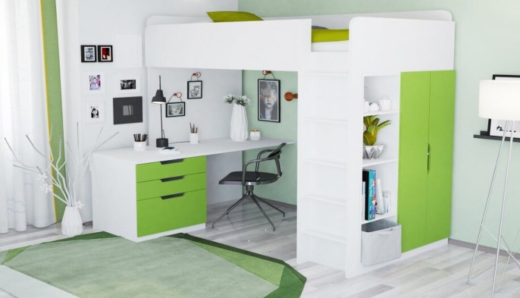 Кровать-чердак Polini kids Simple с письменным столом и шкафом, белый-лайм