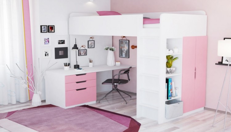 Кровать-чердак Polini kids Simple с письменным столом и шкафом, белый-роза