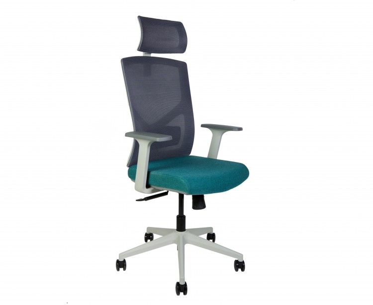 Кресло офисное / Денвер / серая сетка / морская волна ткань / серый пластик