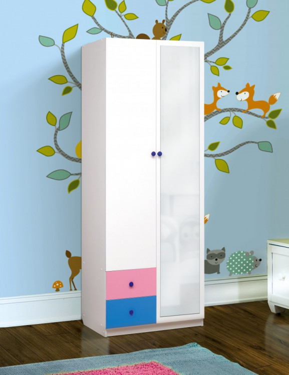 Шкаф Радуга, 2-х дверный комбинированный с ящиками и зеркалом лдсп белый/ярко-розовый/синий