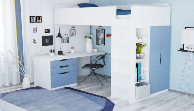 Кровать-чердак Polini kids Simple с письменным столом и шкафом, белый-синий