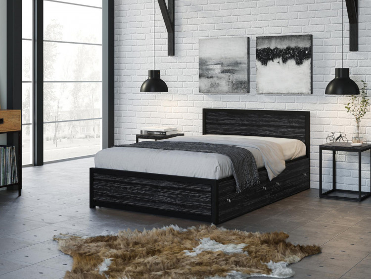 Кровать Титан Лофт 120 с ящиками черный/северное дерево темное