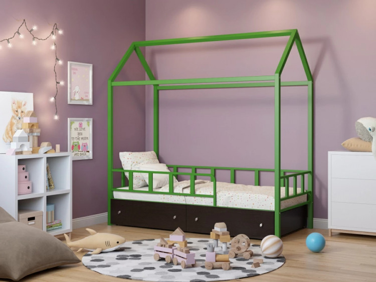 Кровать-домик Риччи Зеленый ящики венге
