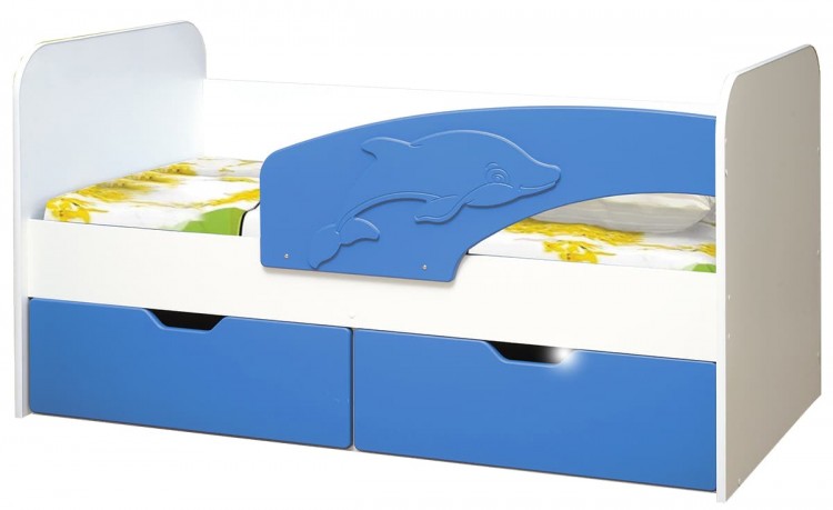 Кровать детская Дельфин, 800х1800 мдф мат белый/синий (правая)
