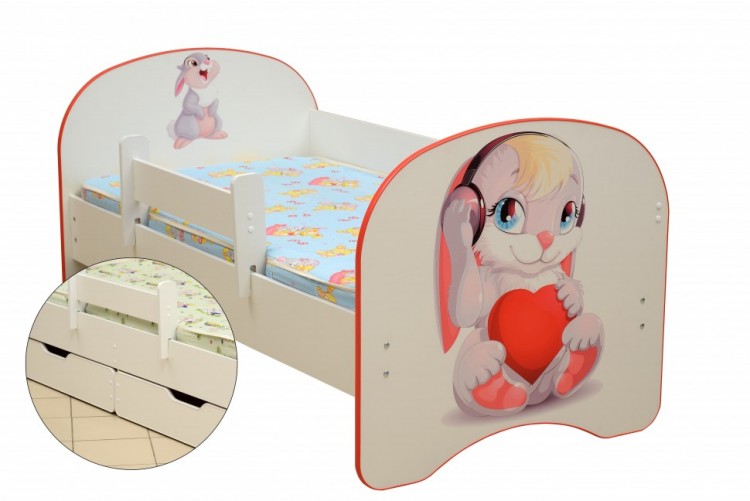 Кровать детская Зайчата, с фотопечатью с 2-мя ящиком 800*1900 лдсп белый