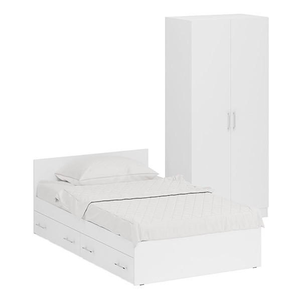Кровать с ящиками 1200 + Шкаф 2-х створчатый Стандарт, цвет белый, ШхГхВ 123,5х203,5х70 + 90х52х200 см., сп.м. 1200х2000 мм., б/м, основание есть