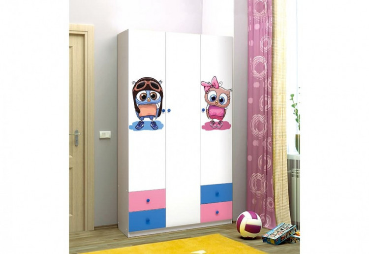 Шкаф 3-х дверный Совята, с ящиками и фотопечатью 3.1 лдсп белый/ярко-розовый/синий