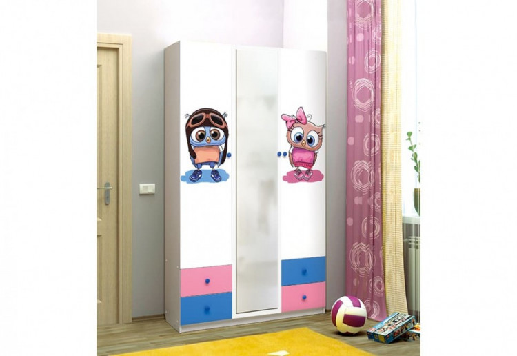Шкаф 3-х дверный Совята, с ящиками, зеркалом и фотопечатью 3.1 лдсп белый/ярко-розовый/синий
