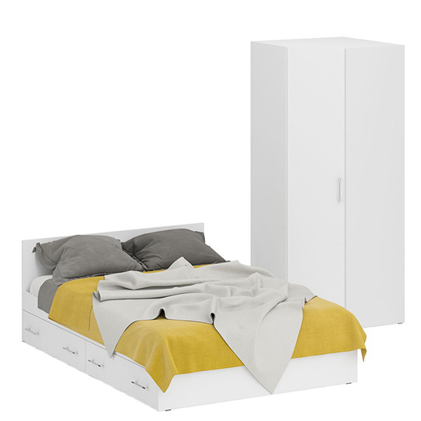 Кровать с ящиками 1400 + Шкаф угловой Стандарт, цвет белый, ШхГхВ 143,5х203,5х70 + 81,2х81,2х200 см., сп.м. 1400х2000 мм., без матраса, основание есть