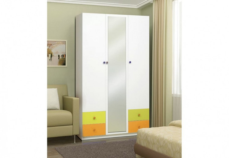 Шкаф 3-х дверный Радуга, с ящиками и зеркалом лдсп белый/оранжевый/лайм