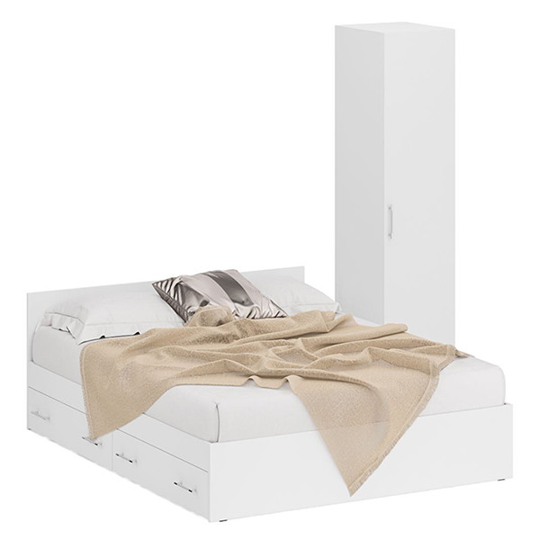 Кровать с ящиками 1600 + Пенал Стандарт, цвет белый, ШхГхВ 163,5х203,5х70 + 45х52х200 см., сп.м. 1600х2000 мм., без матраса, основание есть
