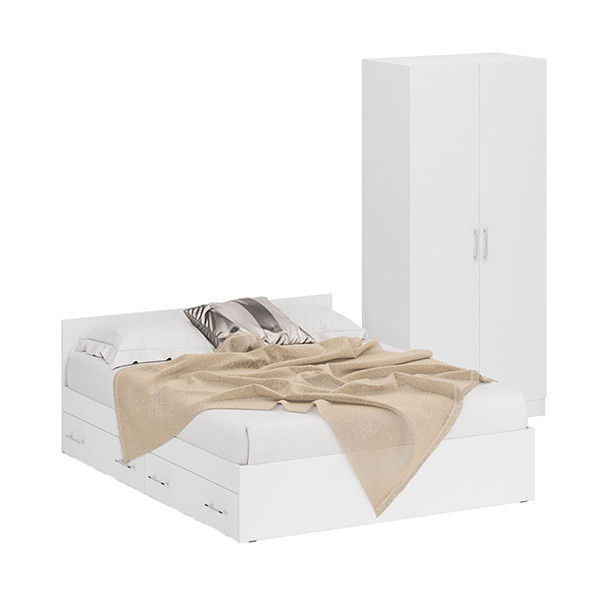 Кровать с ящиками 1600 + Шкаф 2-х створчатый Стандарт, цвет белый, ШхГхВ 163,5х203,5х70 + 90х52х200 см., сп.м. 1600х2000 мм., б/м, основание есть