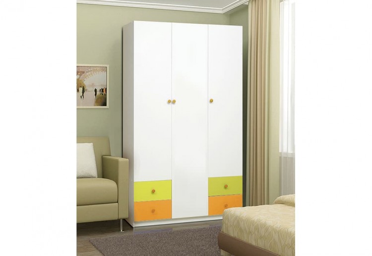 Шкаф 3-х дверный Радуга, с ящиками лдсп белый/оранжевый/лайм