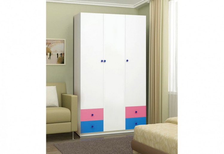 Шкаф 3-х дверный Радуга, с ящиками лдсп белый/ярко-розовый/синий