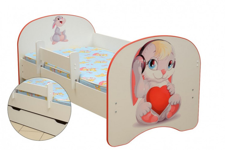 Кровать детская Зайчата, с фотопечатью с 1-м ящиком 800*1600 лдсп белый
