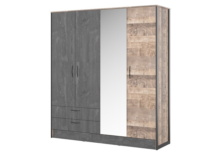Шкаф 4-х дверный с зеркалом HUGO (НКМ) лдсп Дуб Гранж/Железный Камень