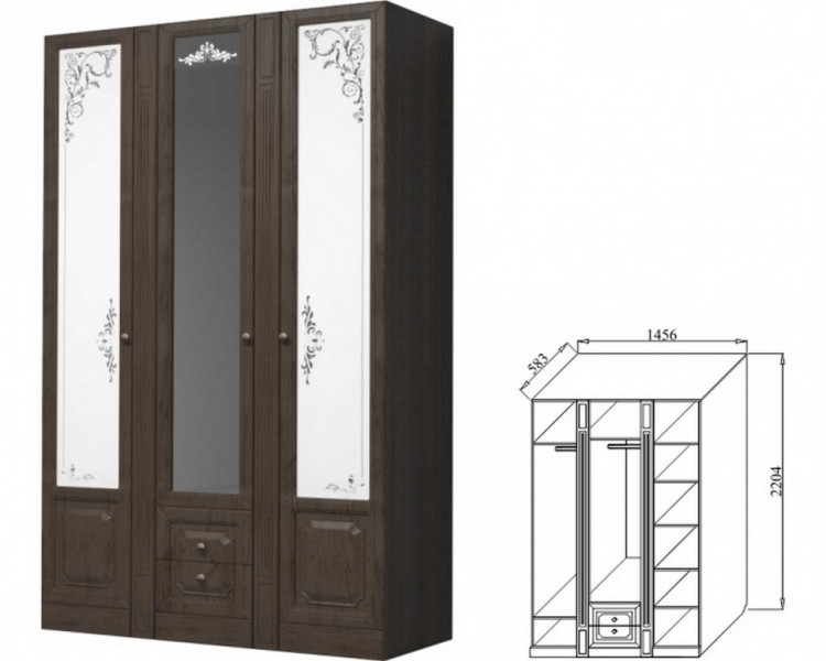 Шкаф 3-х дверный Ева-11, для платья и белья 1400 мм мдф мат Дуб фактурный горький шоколад\Венге